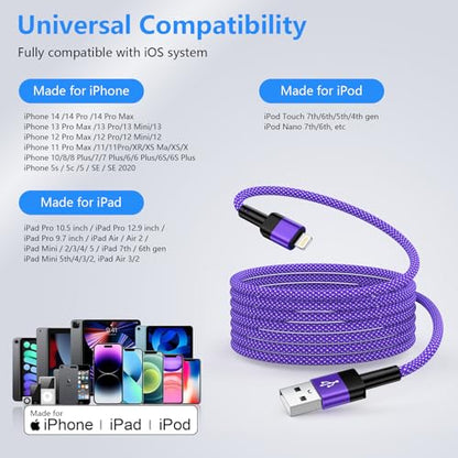 Long USB A to Lightning Cable,Purple iPhone Charger for iPhone 14/14 Pro - color: Purple