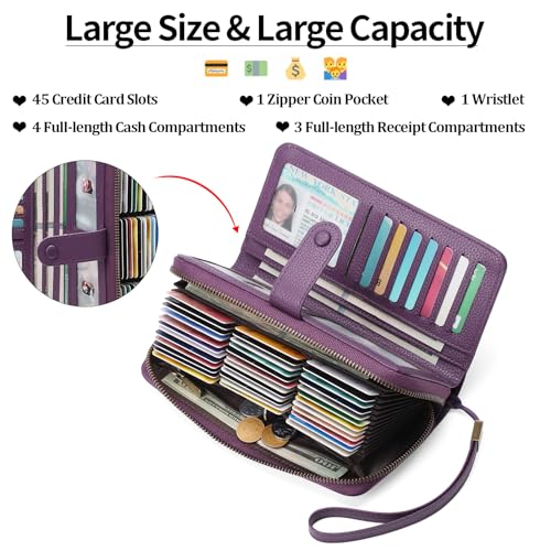 GAEKEAO Leather Credit Card Holder Wallet for Women RFID Blocking Large Capacity Bifold Zipper Card Case Organizer with Wristlet 45 Slots - color: Purple