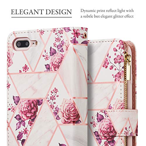 UEEBAI Wallet Case for iPhone 7 Plus iPhone 8 Plus, Premium PU Leather Case Magnetic Closure Geometric Marble Flower Pattern Handbag Zipper Pocket Case Kickstand Card Slots Flip Cover - Rose Gold#2 - color: Pink Flower, size: iPhone 7 Plus/iPhone 8 Plus