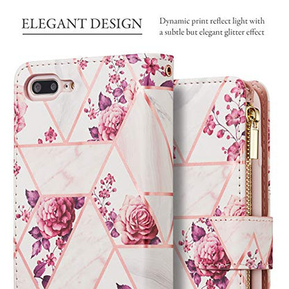 UEEBAI Wallet Case for iPhone 7 Plus iPhone 8 Plus, Premium PU Leather Case Magnetic Closure Geometric Marble Flower Pattern Handbag Zipper Pocket Case Kickstand Card Slots Flip Cover - Rose Gold#2 - color: Pink Flower, size: iPhone 7 Plus/iPhone 8 Plus