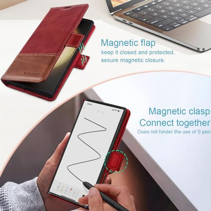 KEZiHOME Genuine Leather Wallet Case for Samsung Galaxy S24 Ultra | Red/Brown, RFID Blocking Card Slot, Kickstand, Magnetic Protective Phone Folio Cover, Compatible with Galaxy S24 Ultra - color: Red/Brown
