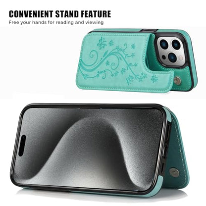 Wallet Case for iPhone 15 pro max, Slim Protective case with Card Holder,Premium PU Leather Kickstand Card Slots Case with Double Magnetic Clasp for iPhone 15 promax (6.7")-Green Butterfly - color: Green