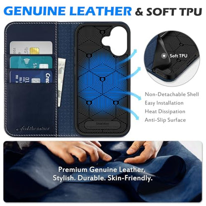 SHIELDON Genuine Leather Case Wallet for iPhone 17 6.3", Retro Dark Blue | Folio Design, Magnetic Closure, RFID Blocking, Credit Card Holder, Kickstand, Shock Absorbing Protective Cover - color: Retro Dark Blue