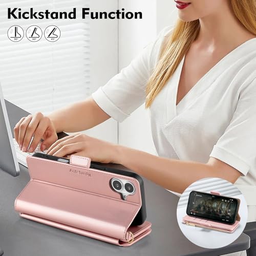 Antsturdy for iPhone 17 Phone Wallet Case Women,Rose Gold | RFID Blocking,with Credit Card Holder Slots,PU Leather Purse,Zipper Pocket,Wrist Strap Kickstand,Flip Folio Cover for Men - color: Rose Gold