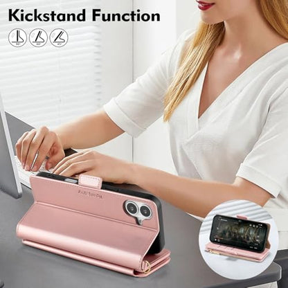Antsturdy for iPhone 17 Phone Wallet Case Women,Rose Gold | RFID Blocking,with Credit Card Holder Slots,PU Leather Purse,Zipper Pocket,Wrist Strap Kickstand,Flip Folio Cover for Men - color: Rose Gold