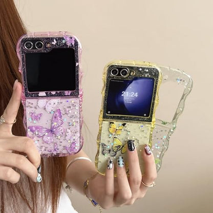 UEEBAI Wave Butterfly Case for Samsung Galaxy Z Flip 5/Z Flip 6/Z Flip 7 FE 5G Case, Pretty Bling Star Butterfly Cute Shiny Glitter Phone Cover Bling Clear Cover Curly Shockproof Girly - Green - color: Green, size: Z Flip 7 FE/Z Flip 6/Z Flip 5 5G