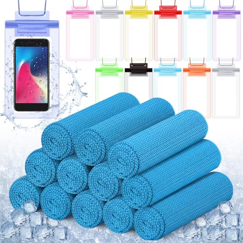 BBTO 24 Pcs Cooling Towels Waterproof Cell Phone Pouch Set 12 40" x 12" Blue Ice Towel for Neck and Face 12 6.7" Underwater Cellphone Dry Bag with Lanyard for Running Yoga Snorkeling Swimming - color: Blue