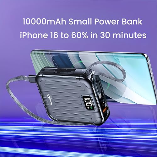 10000mAh Small 22.5W Power Bank with Built in Cable, 3A Fast Charging, 4 Outputs 2 Inputs, Mini Portable Charger for Samsung Google Pixel LG Moto iPhone iPad