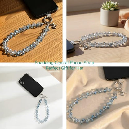 richginker Crystal Beaded Phone Wrist Strap with Tether Tab, Light Blue - color: Light Blue