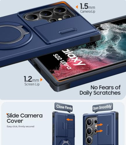 JAME for Samsung Galaxy S22 Ultra Case with Ring Stand Slide & Camera Cover - color: Blue, size: Galaxy S22 Ultra