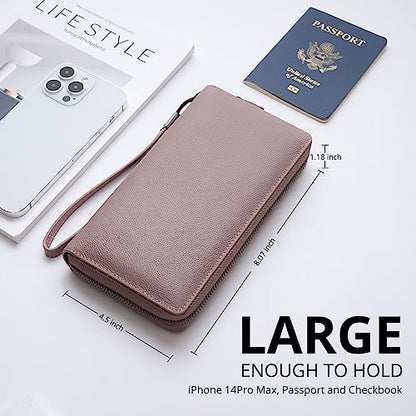 Bveyzi Women RFID Blocking Wallet Leather Zip Around Phone Clutch Large Capacity Ladies Travel Purse Wristlet - color: Dark Pink