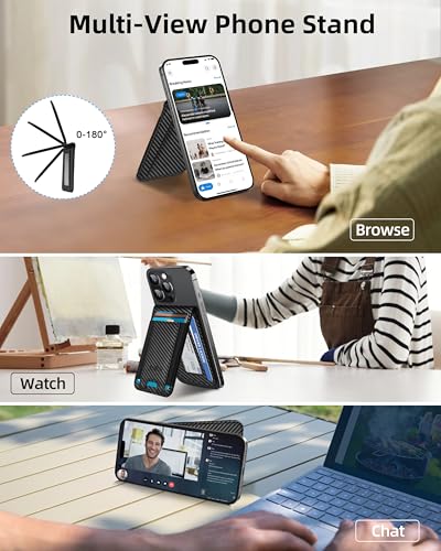 Phone Wallet Stick On with Stand, Adhesive Phone Card Holder, 8-Card Holder - color: Black Carbon Fiber