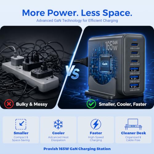 165W GaN Charging Station, 6-Port Desk Charging Station, Dark Gray - color: Dark Grey