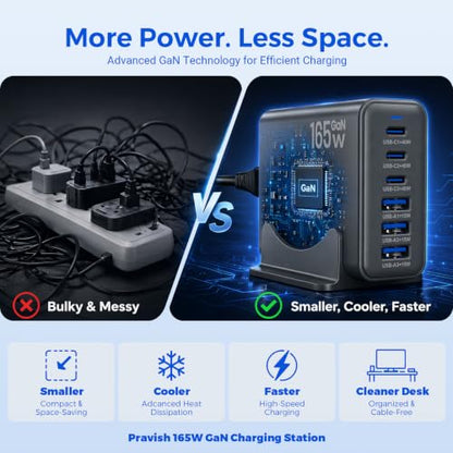 165W GaN Charging Station, 6-Port Desk Charging Station, Dark Gray - color: Dark Grey