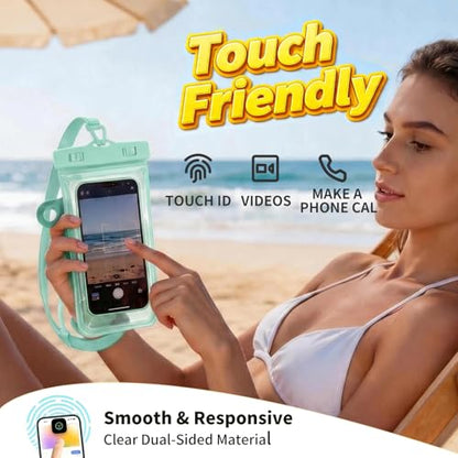 Larger Waterproof Phone Pouch iPhone &Shower Phone Holder Waterproof with 2 Suction Cups,Water Phone Protector Pouch with Adjustable Lanyard for iPhone 17 16 ProMax (Mint Green, 1 PCS) - color: Mint Green