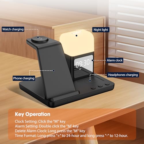 Wireless Charger for Samsung/Android, 6 in 1 Phone Nightstand Charging Station Charger with Alarm Clock/Night Light for Samsung S26/S25/S24 Ultra/Buds4,Watch Charger for Galaxy Watch 8/7/6/5 - color: Ink Black