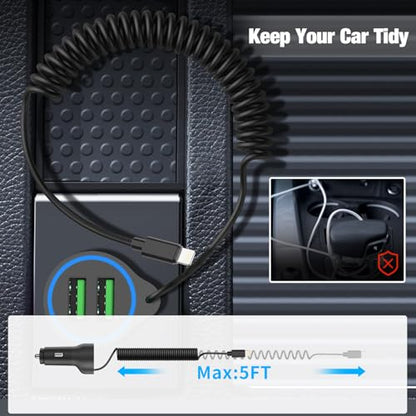 Dual USB Ports Car Charger Adapter with 5FT Coiled Lightning Cable
