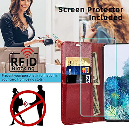 MONASAY Wallet Case Compatible for iPhone 12 mini 5G 5.4-inch,[Glass Screen Protector Included] [RFID Blocking] Flip Folio Leather Cell Phone Cover with Credit Card Holder, Red - color: Red