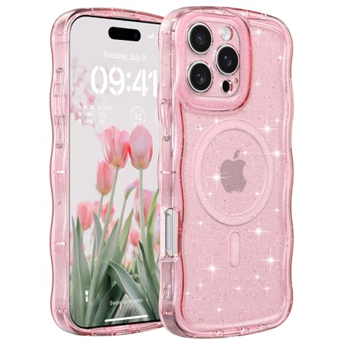 FABSPARK Glitter Case for iPhone 13 Pro Max,Fit for MagSafe,Pink | Magnetic Curly Wavy Frame | Sparkly Bling Glitter | Transparent Clear Acrylic Hard PC for iPhone 13 Pro Max,Pink - color: Glitter Clear Pink, size: for iPhone 13 Pro Max