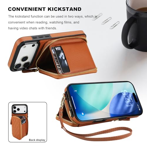 Bocasal Crossbody Wallet Case Card Holder for iPhone 17 Pro Max Brown | RFID Blocking PU Leather Zipper Handbag Purse, Kickstand Flip Folio Case with Card Slots Holder Wrist Strap Lanyard 6.9 Inch - color: Brown