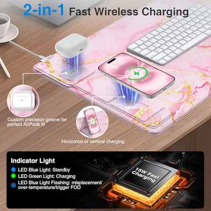 Wireless Charging Mouse Pad with Phone Holder, 31.5"x15.8" in, Pink Marble - color: Pink Marble-Phone Holder-31.5"x15.8"