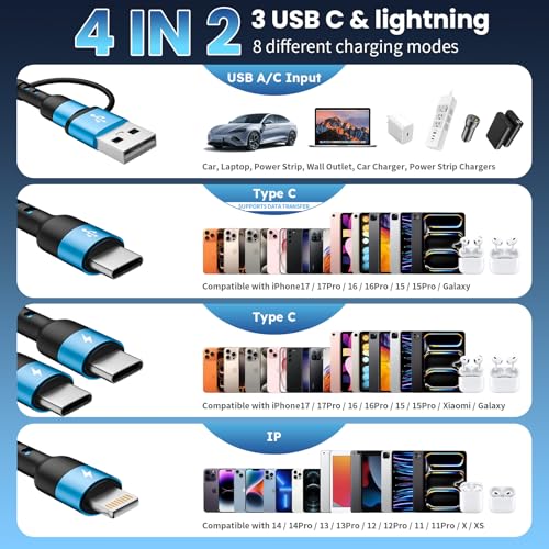 Travel Essentials, 4 in 2 Multi Charging Cable 3 USB C Chargers for iPhone - color: Blue, size: 2Pack5FT