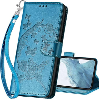for Samsung Galaxy S23 Wallet case, Blue-Flower | 3 Card Holders, Kickstand, Shockproof TPU Shell, PU Leather, Magnetic Closure, Protective Flip Folio Cover, Women - color: 7