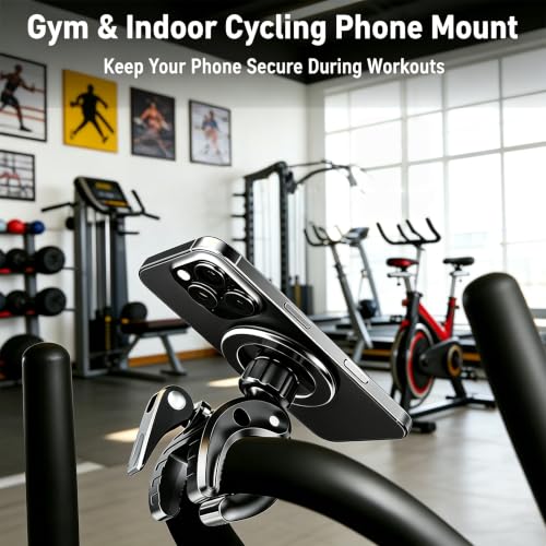Magnetic Phone Holder Clamp Mount, 360° Adjustable Phone Mount for Treadmill, Golf Cart, Stroller, Shopping Cart & Exercise Equipment, MagSafe Compatible Smartphone Holder for iPhone and Android