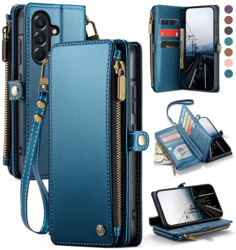 Defencase for Samsung Galaxy A37 5G Wallet Case with Card Holder, Dark Blue | RFID Blocking, Zipper Pocket, Durable PU Leather, Wrist Strap, Fashion Snap Flip Phone Cases Cover with Stand for Women Men - color: Dark Blue