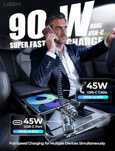 LISEN 90W for iPhone 18 17 16 Pro Max Car Charger USB C Fast Charge - color: Black - 60 inch