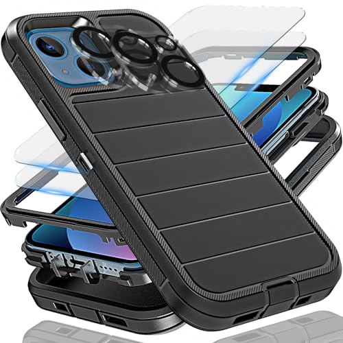 YmhxcY for iPhone 13 Case, 2X Glass Screen and Camera Protector, 3 in 1 Heavy Duty Shockproof Drop Protection Stripe Rubber Cover for 13 6.1"-Black - color: Black