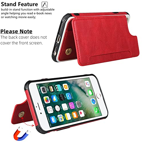 iCoverCase Compatible with iPhone SE(2022)/SE(2020)/7/8/6/6s Wallet Case with Card Slots Holder and Wrist Strap Premium PU Leather Kickstand Magnetic Clasp Shockproof Flip Cover Case (Red) - color: Red