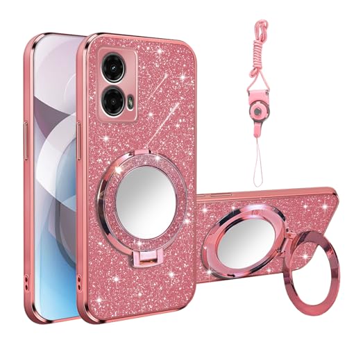 Phone Case for Moto G 5G 2024 with Ring Holder Kickstand [Mirror & Lanyard], Women Girls Plating Bling Clear Soft Shockproof Cover Magnetic Case for Moto G 5G 2024, Rose Gold - color: Rose Gold, size: Motorola Moto G 5G 2024
