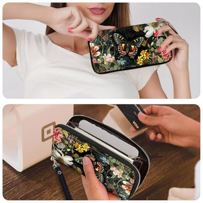 Ladies Wallet,Clutch Purses for Women Wallets Leather Credit Card Holder for Women Wristlet Slim Small Cute with Zipper,Thin RFID Blocking with Wrist Strap,Butterfly Flower - color: Butterfly Flower