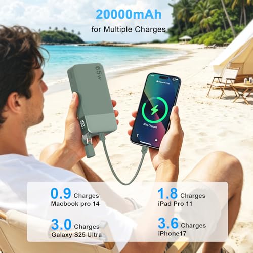 NOBIS Portable Charger 20000mAh 65W Power Bank w/Detachable Cable - color: Green