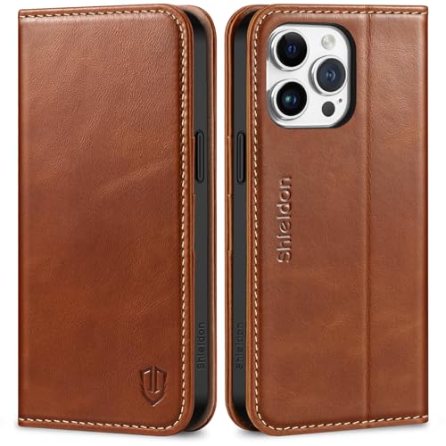 SHIELDON Genuine Leather Case Wallet for iPhone 15 Pro Max, Retro Brown | Magnetic Closure, RFID Blocking, Credit Card Slot, Kickstand, Flip Book Design, Shockproof TPU Phone Cover - color: Retro Brown