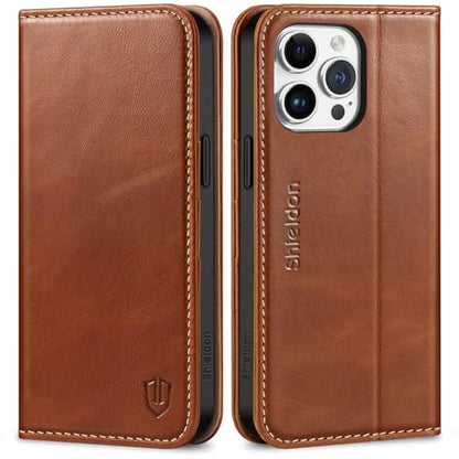 SHIELDON Genuine Leather Case Wallet for iPhone 15 Pro Max, Retro Brown | Magnetic Closure, RFID Blocking, Credit Card Slot, Kickstand, Flip Book Design, Shockproof TPU Phone Cover - color: Retro Brown