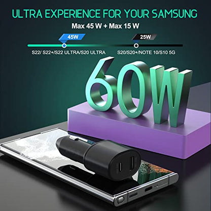 Super Fast Dual Car Charger (45W+15W) USB C and A for Samsung Galaxy