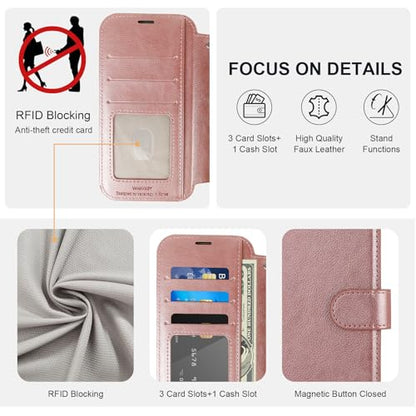 VANAVAGY Wallet Case for iPhone 11 6.1 inch, Rose Gold | 12ft Drop-proof Cover for Women Men, Silm PU Leather, RFID Blocking Card Holder, Wrist Strap, Screen Protector - color: Rose Gold