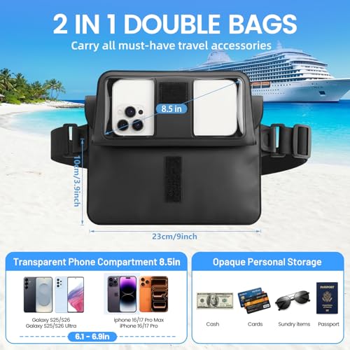 Niveaya Double Space Waterproof Fanny Pack, IPX8 Waterproof Dry Bag Waist Pouch for Beach, Kayaking, Swimming, Boat Travel Essentials, Waterproof Phone Bag & Passport Holder for Women Men(2 Pack) - color: Black+Pink