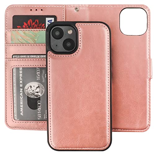 Bocasal Detachable Wallet Case Card Holder for iPhone 14, Rose Gold | RFID Blocking Kickstand Card Slots Holder PU Leather Magnetic Shockproof Wrist Strap Removable Flip Protective Cover 6.1 inch - color: Rose Gold