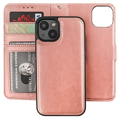Bocasal Detachable Wallet Case Card Holder for iPhone 14, Rose Gold | RFID Blocking Kickstand Card Slots Holder PU Leather Magnetic Shockproof Wrist Strap Removable Flip Protective Cover 6.1 inch - color: Rose Gold