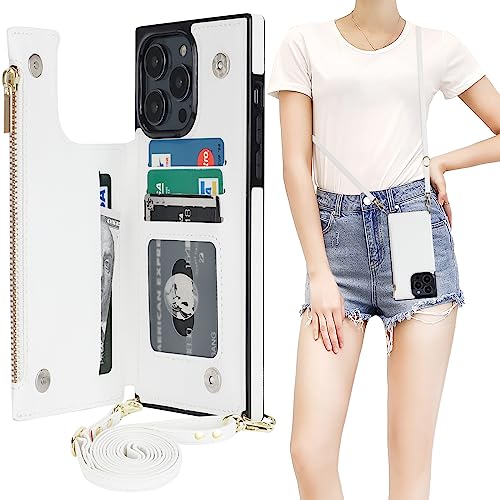 Bocasal Crossbody Wallet Case with Strap for iPhone 13/14, White | RFID Blocking Card Slot Holder, Magnetic Flip Folio Purse Case, PU Leather Zipper Handbag Detachable Lanyard Strap 6.1 Inch - color: White