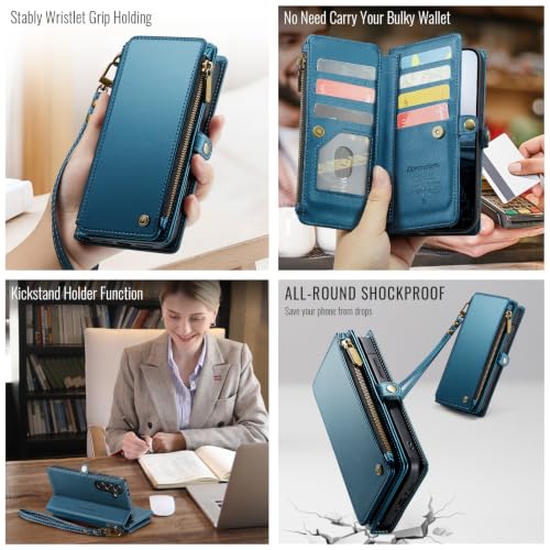 Defencase for Samsung Galaxy A37 5G Wallet Case with Card Holder, Dark Blue | RFID Blocking, Zipper Pocket, Durable PU Leather, Wrist Strap, Fashion Snap Flip Phone Cases Cover with Stand for Women Men - color: Dark Blue