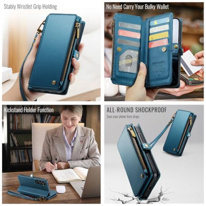 Defencase for Samsung Galaxy A37 5G Wallet Case with Card Holder, Dark Blue | RFID Blocking, Zipper Pocket, Durable PU Leather, Wrist Strap, Fashion Snap Flip Phone Cases Cover with Stand for Women Men - color: Dark Blue