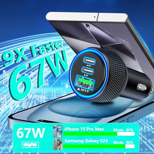 USB C Car Charger, Rombica 3Port 67W PD Dual USB-C&USB-A Car Phone Charger - color: Raven Black