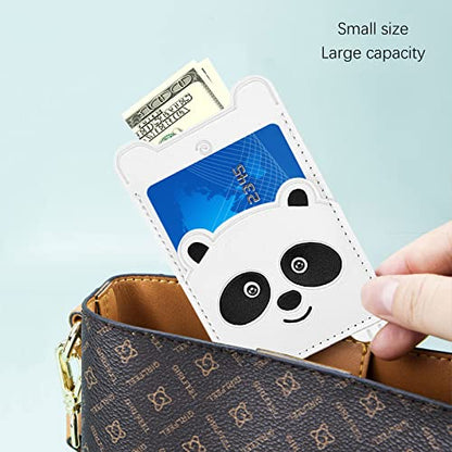 Cell Phone Wallet,White Leather Cute Panda, Secure Card Holder for iPhone, Android & Smartphones,Premium Leather,Adhesive Sleeve Pocket,Minimalist Design