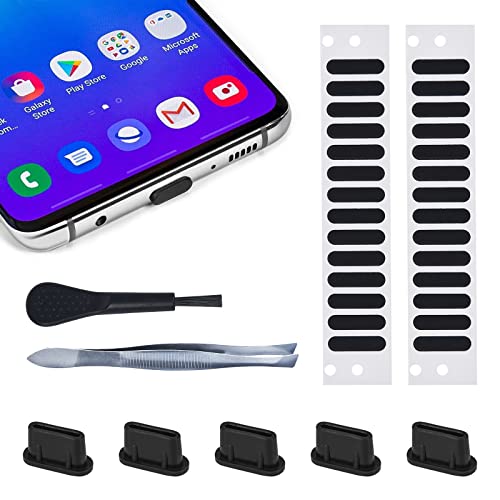 5PCS USB C Dust Plug & 28x Phone Speaker Mesh Dustproof Adhesive Stickers for iPhone Duo /18/17/16/15 Pro Max, Samsung Galaxy S23, S22, S21, Type-C Port on Smartphone, Anti Dust Kit with Tweezers