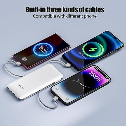 Portable Power Bank, Ultra Slim 10000mAh Portable Charger, USB C External Battery Pack with Built-in AC Plug, Charging Cable, Output Port, Compatible with All Kinds of Cellphones … - color: White