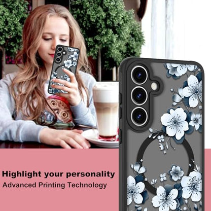 Magnetic for Samsung Galaxy S25 Plus Case,White Flower | Compatible with MagSafe,Cute Fashion Translucent Matte Hard Back Shockproof Anti-Scratch Phone Case-Ink Flower - color: Ink Flower, size: Samsung Galaxy S25 Plus